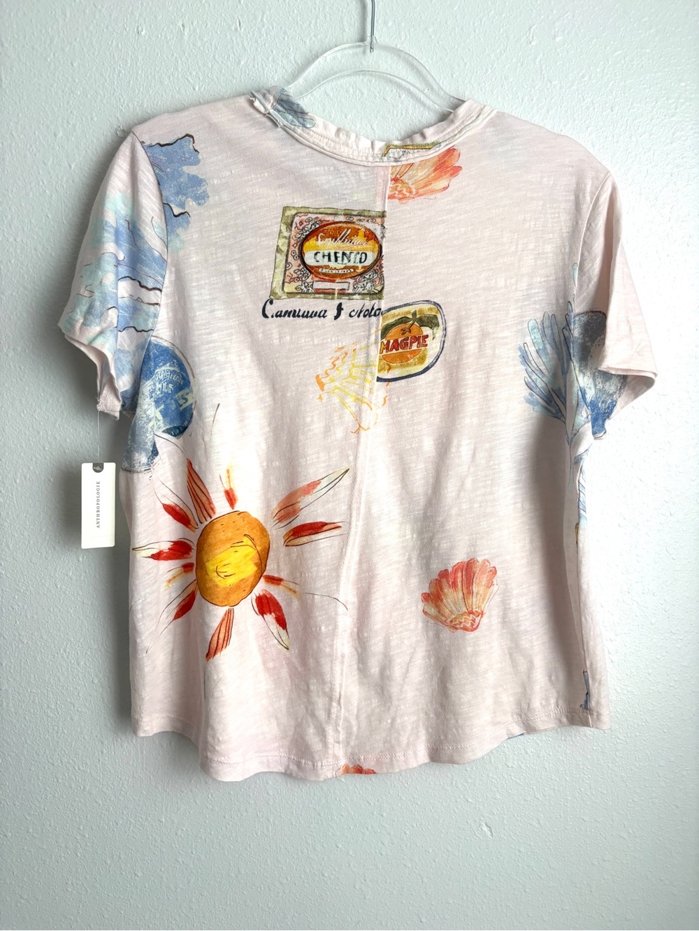 Anthropologie | Pilcro Bennie Cotton Slim Watercolor Crew Neck Tee Pink Blue L - Picture 8 of 9